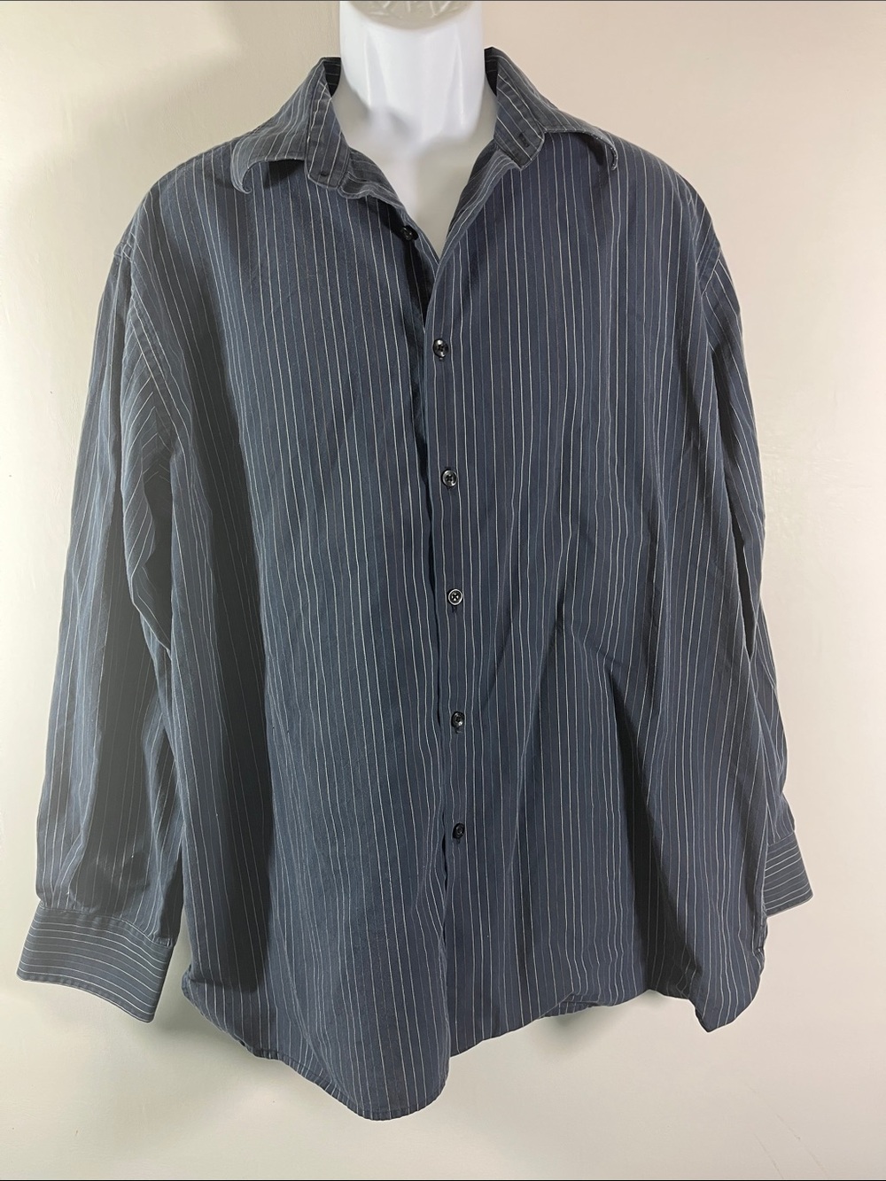 Men's Navy Pinstripe Button-Up Shirt Long Sleeves Yoke Back